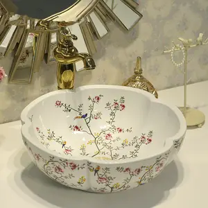 China Porcelain Hand Painted Art Lavatory Sink Antique Bathroom Vessel Sink white color flower bird pattern ceramic wash basin