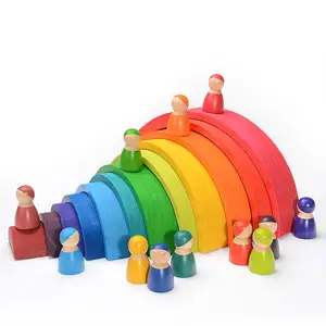 Montessori giocattolo educativo di legno 12Pcs arcobaleno di legno blocchi di legno blocchi di costruzione Del Capretto Arcobaleno Blocchi di Costruzione