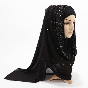 Neue funkelnde Hochzeit Kristall Muslime lange Damen Schal Wraps aus massivem Polyester Chiffon Schimmer Strass Perle Hijab Schal - Product Image 3