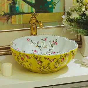 Chinese bathroom basin hand wash bowls sink flower shape Bathroom sink jingdezhen yellow flower and bird ceramic wash basin