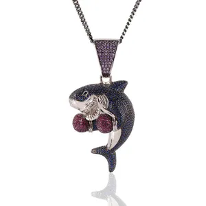 Hiphop Copper Boxing Shark Blue Zircon Pendant Necklace