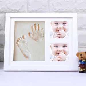 Baby Handafdruk Voetafdruk Fotolijst Kit Triple Opvouwbare Houten Fotolijst Met Klei Wit 2019