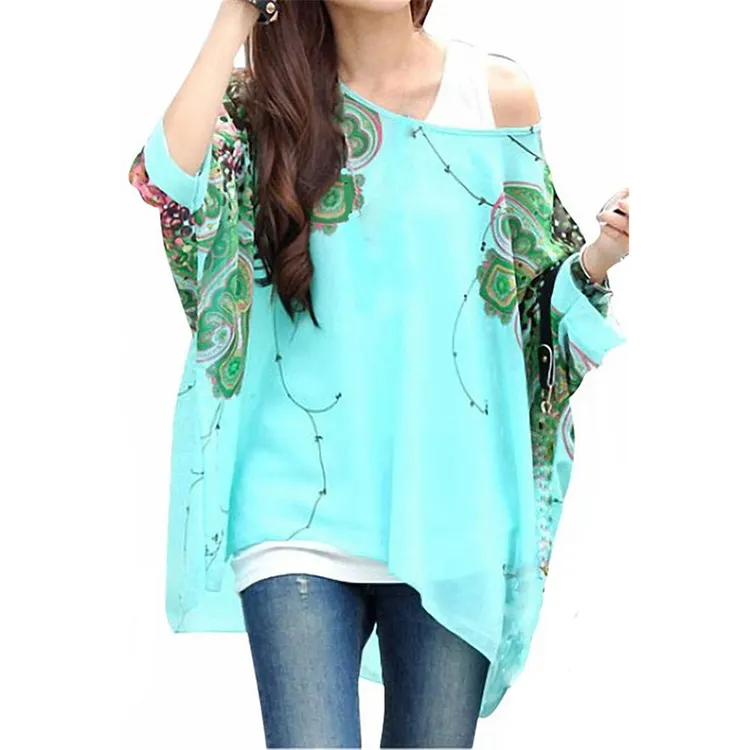 Groothandel Batwing Mouw Dames Tops Digital Print Bloem Vrouwen Cover Up Bohemian Chiffon Blouse