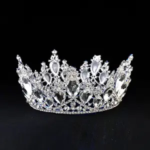 มงกุฎเพชรขนาดใหญ่หลากสีสุดหรูสำหรับเจ้าสาว,มงกุฎงานแต่งประดับพลอยเทียมทรงกลมสีทอง - Product Image 4