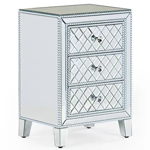 Modern mirror furniture silver mirrored nightstand with 3 drawers bedside table