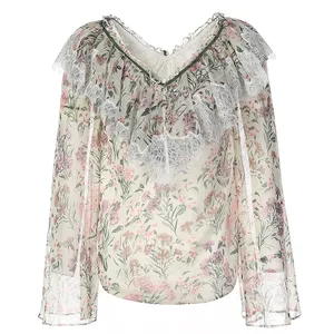 V-neck Lace Chiffon Embroidered Floral Womens Floral Long Blouse Loose Casual Long Sleeve Ladies' Blouses