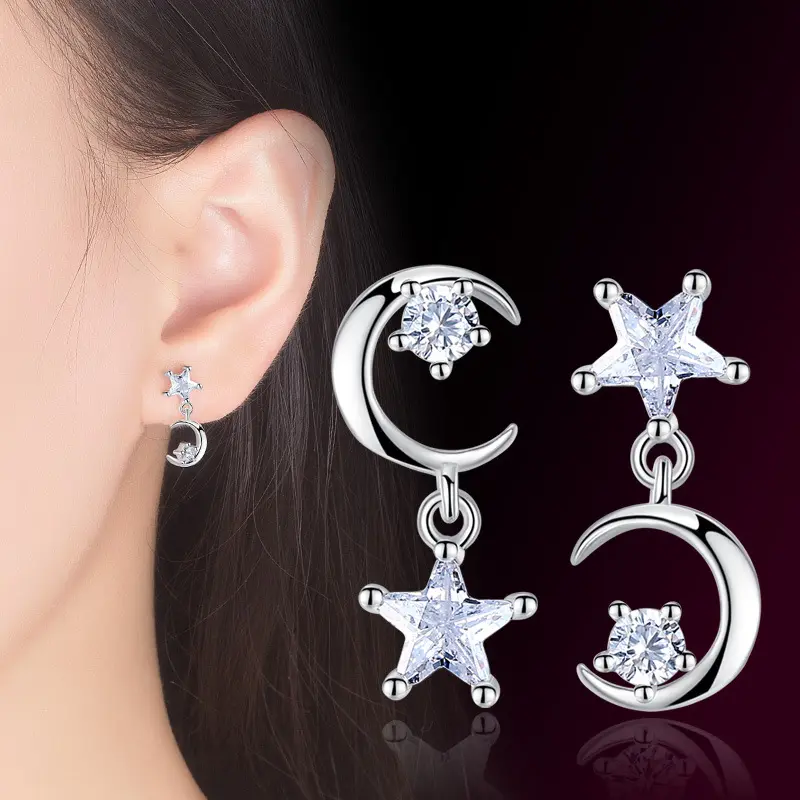 Mini pendientes colgantes de circón con forma de luna y estrella para mujer, aretes asimétricos, estilo coreano, Delicado y único