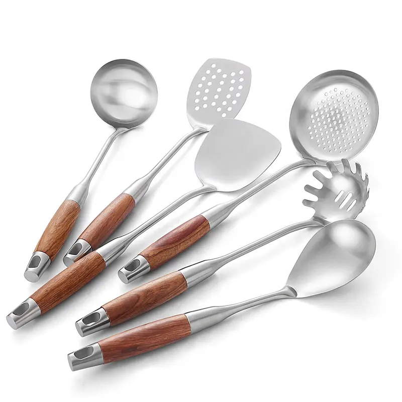 6pcs utensili da cucina in acciaio inossidabile utensili da cucina set di pentole antiscivolo resistenti al calore con mano in legno