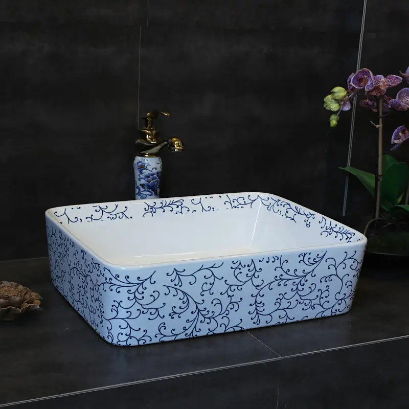 الصين مستطيلة اليد الأزرق والأبيض تصميم بالوعة عاء السيراميك مغسلة حوض للحمام