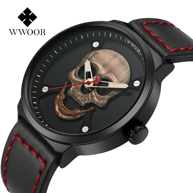 Cool modèle montre de mode avec crâne cadran japon Movt homme analogique bracelet en cuir montre-bracelet pour homme WWOOR 8867