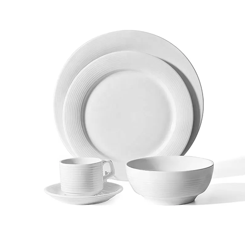 Mejor venta OEM Hotel restaurante blanco de cerámica de porcelana venta al por mayor de China conjunto de fiesta vajilla ~