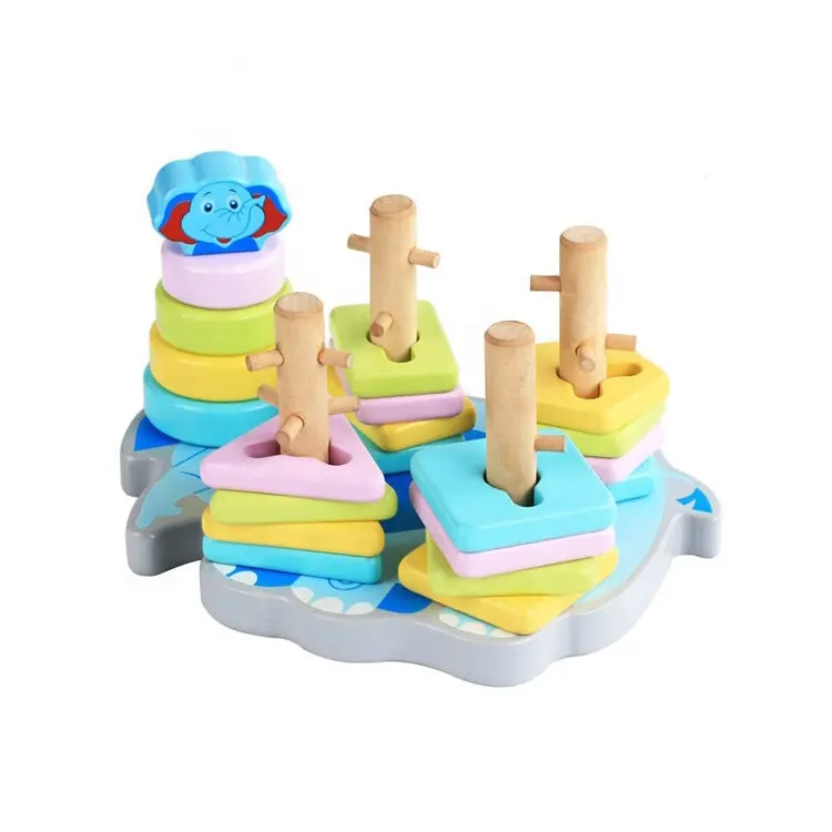 Colorful Geometric Shape Sort Stacking Blocks Montessori Wooden Animal Puzzle Toy