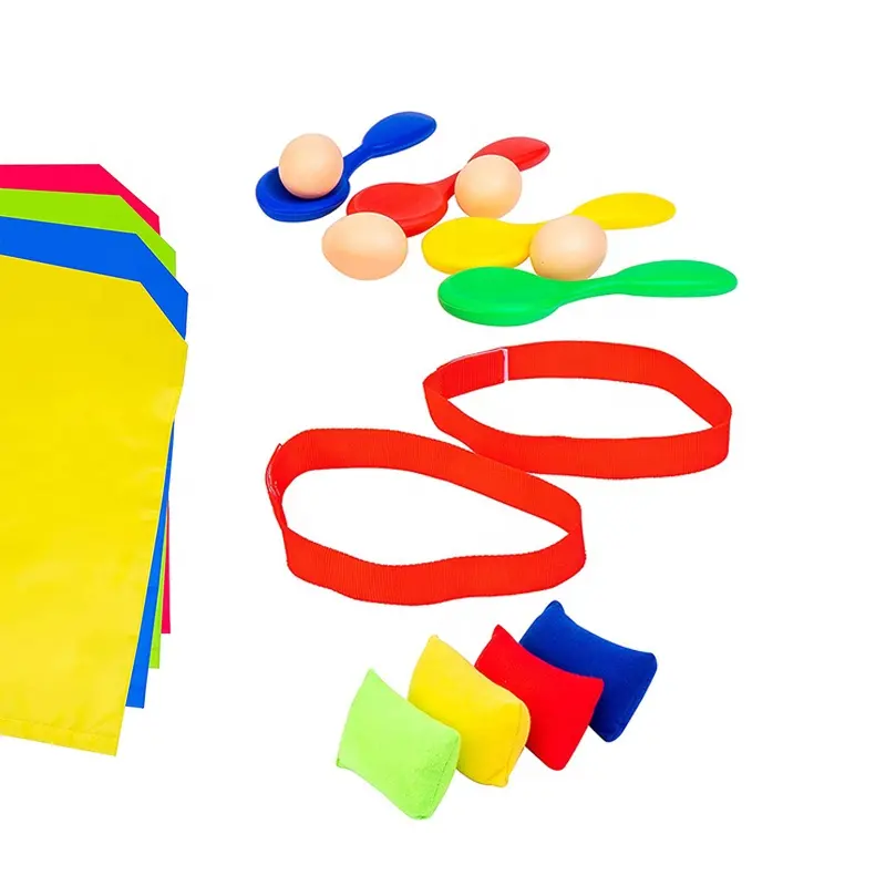 Competitive Sport Game 4 in 1 Outdoor Race Bag Game for Kids with Sack Race, Legged Race Band,Eggs,Spoon,Bean Bag Toss