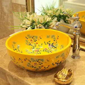 Europa stil chinesischen waschbecken waschbecken Jingdezhen Kunst Zähler Top keramik waschbecken gelb blume vogel keramik waschbecken