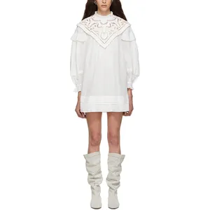 High Quality White Color Hollow Out Loose Fit Stand Collar Ruffled Long Bell Sleeves Up Knee Back Zip Up Crochet Dress