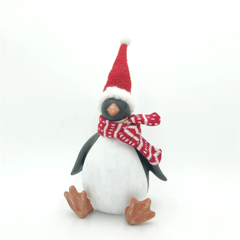Yeni tasarım reçine noel dekorasyon peluş Noel şapka polyresin penguen figürler el sanatları keten çanta dekor