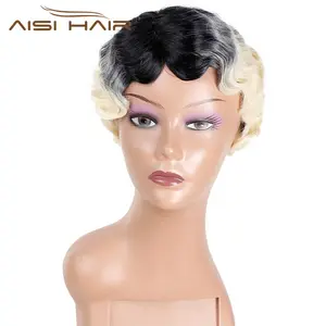 Aisi Hair Heat Resistant Synthetic Fiber Hair Short Wigs Ombre Blonde Curly Cute Wigs Synthetic Hair Party Wigs