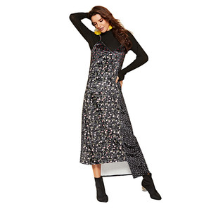 Échantillon Disponible Sexy Automne Hiver Velours Floral Spliced V Cou Noir Couleur Maxi De Courroie De Gaine Robe - Product Image 1