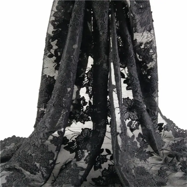 Işlemeli örgü kumaş siyah afrikalı kadife dantel tül kumaş parti için tasarım