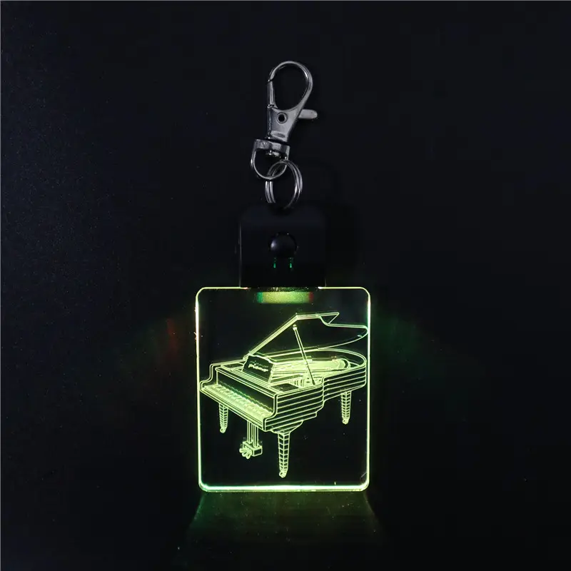 Piano Yang Indah Desain Ilusi 3D Efek LED Gantungan Kunci Laser Terukir Kaca Akrilik Lampu Dasar Hitam Tekan Saklar Lampu