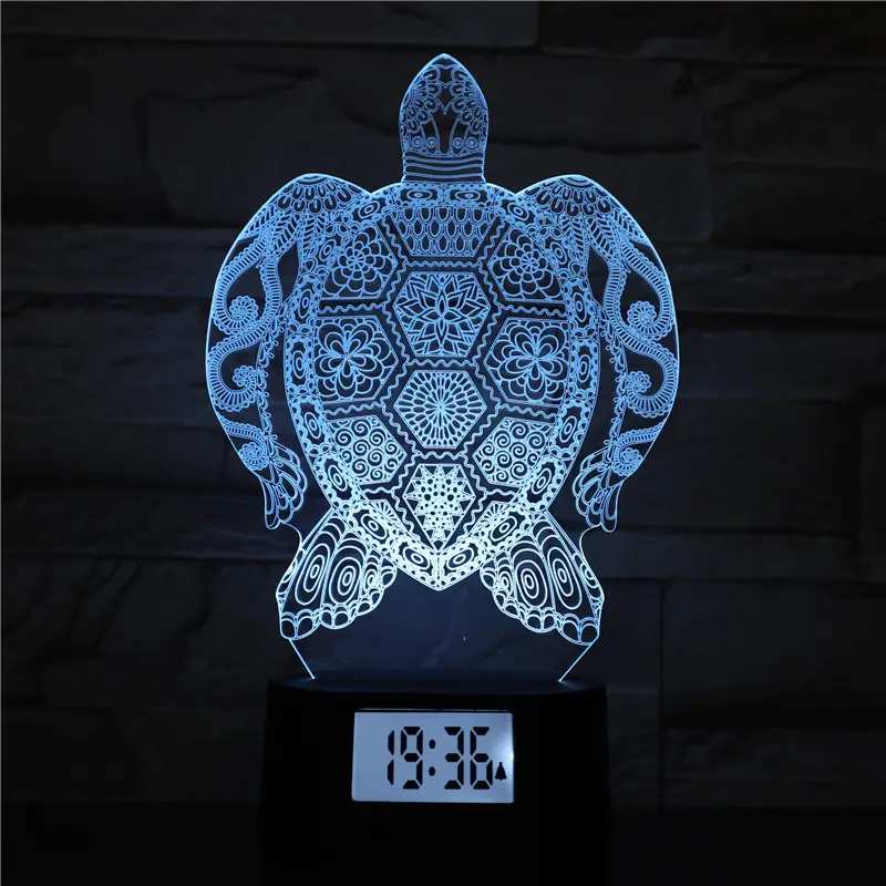 7 Colors Change Animal Creative Tortoise Turtle Design 3D LED Night Light Bedroom Lamp With Clock