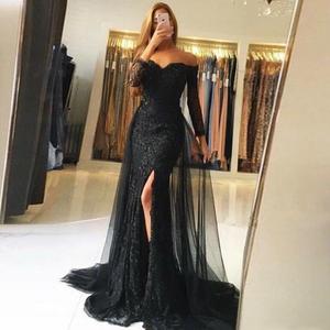 Maniche lunghe Gothic Lungo di Pizzo <span class=keywords><strong>Nero</strong></span> Della Sirena <span class=keywords><strong>Donna</strong></span> Prom Dresses - Product Image 1