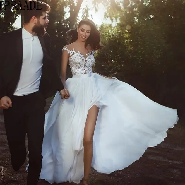 Lãng Mạn Sexy Trắng Ren Appliques Tắt Shoulder Wedding Dress Illusion Trở Lại Chia Front Bridal Gowns 2020 Vestido De Novia