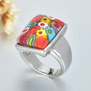 Anillo cuadrado de cristal de Murano, joyería con base de acero inoxidable