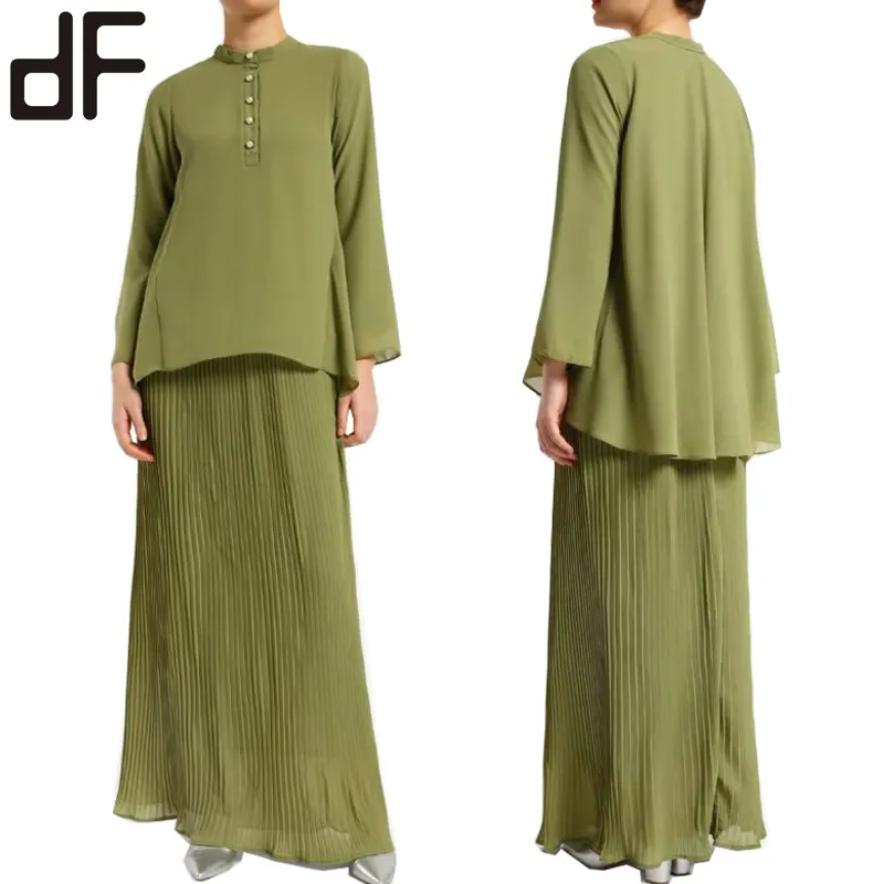 OEM महिलाओं नवीनतम पोशाक डिजाइन चित्र शिफॉन मुस्लिम दुल्हन की पोशाक Pleated Baju Kurung में मलेशिया शिफॉन जैतून