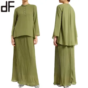 OEM Frauen Neueste Kleid Designs Bilder Chiffon Muslimischen Braut Kleid Plissee Baju Kurung Malaysia Chiffon In Olive