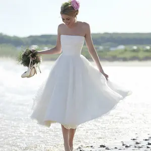 Charming Sleeveless Strapless A Line Tea Length Beach Bridal Wedding Dress