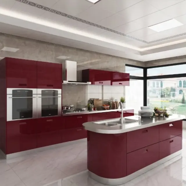 Vermonhouzz Popular Red Modular Kitchen Cupboard Curved Cabinets Funiture with Island