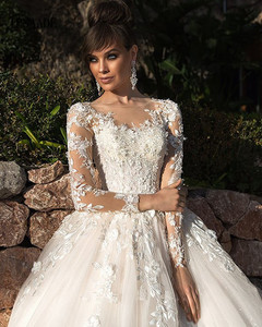 Appliques di lusso fiori 3d decorare abito da sposa a manica lunga trasparente in pizzo abito da sposa con bottoni lacci 2025 Vestido di Novia - Product Image 4