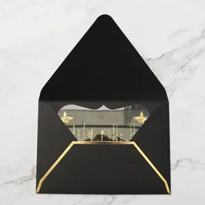 Latest Custom Clear Acrylic Special Shape Wedding Invitation With Black Envelope Gold Lines