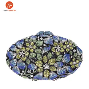 China Factory Wholesales Florals Crystal Rhinestone Clutch Evening Bag for Formal Party Oval Clutch Purse