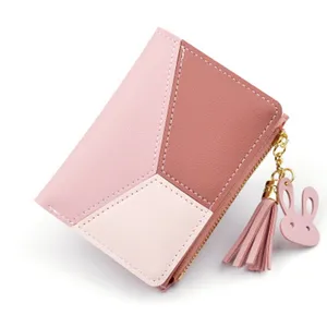 Female Contrast Color Purse Tassel Fashion New Products Cheap Women PU Leather Girls Pink Short Wallet With Zipper Coin Pocket