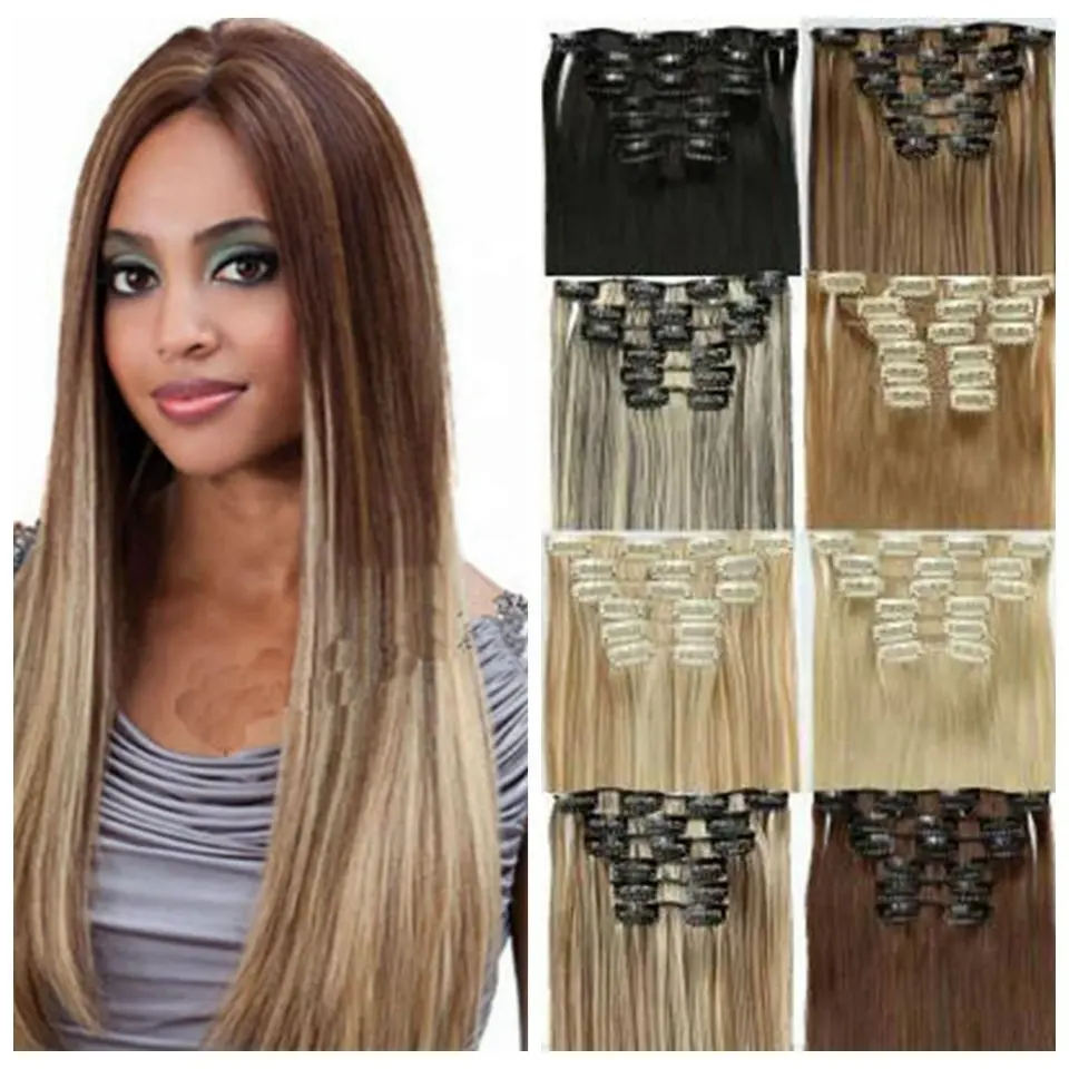 Lichtste Blond Clip In Hair Extension 22 Inch Rechte Volledige Head Set Van Clip In Synthetische Clip Hair Extensions