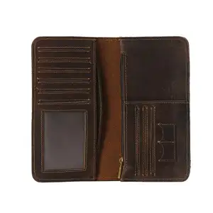 Vintage Custom Man Genuine Cow Leather OEM Long Clutch Wallet Crazy Horse Leather Bifold Travel Wallet With Sim Card Slot