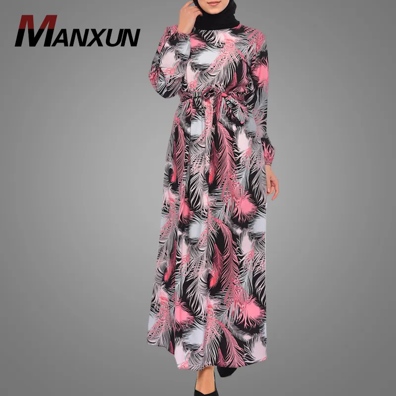 Flower Muslim Kaftan Dress Latest Burqa Design Long Sleeve Print Abaya Islamic Maxi Dress With Belt