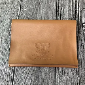 Brown Embossed Logo envelope pu leather eyeglass pouch with Flap