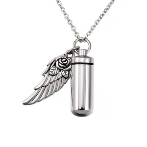 Colgante de urna de acero inoxidable personalizable, joyería de cremación personalizada, cilindro para cenizas, colgante de ala de ángel conmemorativa