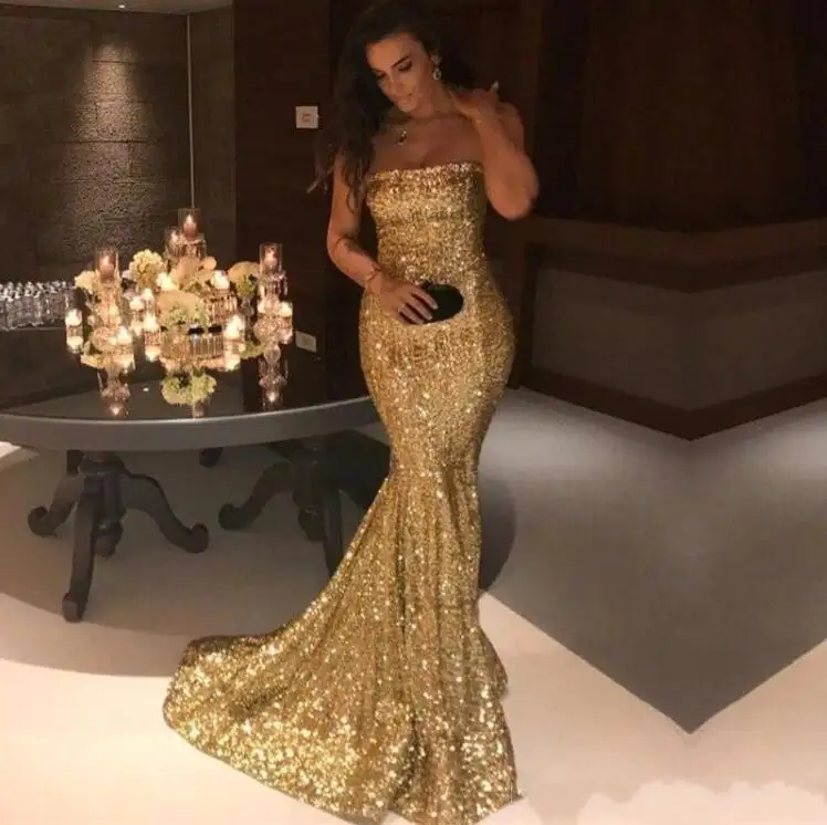 Sleeveless Strapless Fishtail Long Sequin Shiny Gold Prom Dress