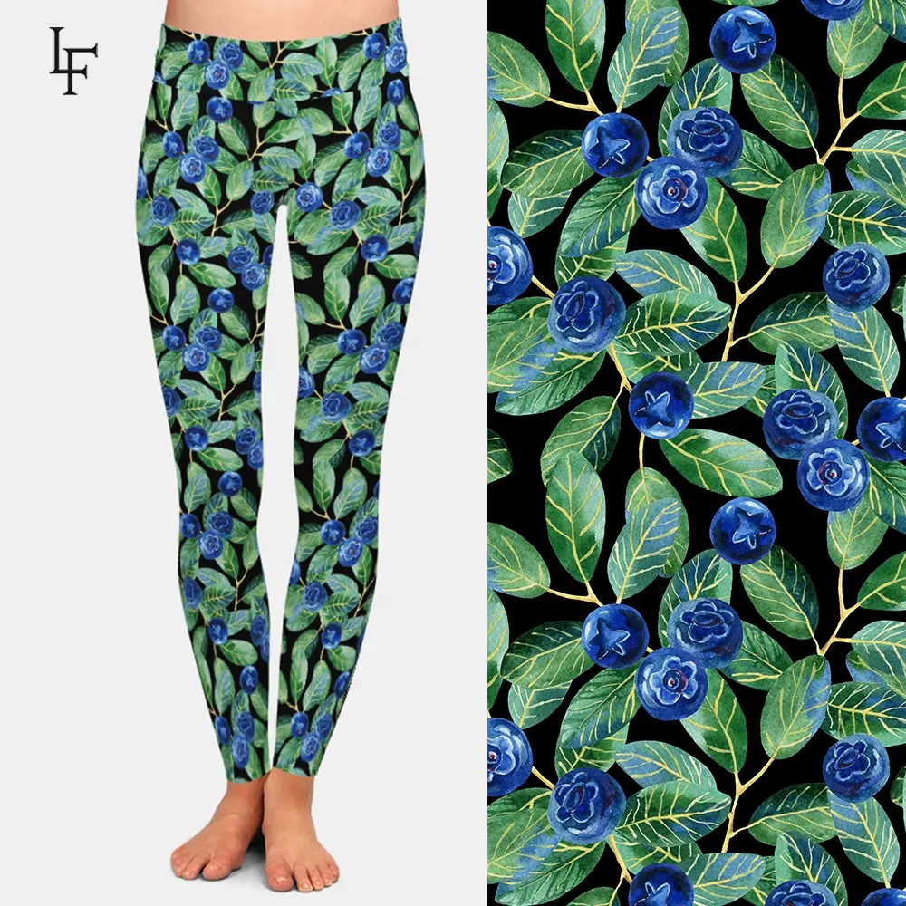 92% polyester 8% spandex high waist sexy women full length yoga pants scale custom blueberry trees printed soft fabric leggings