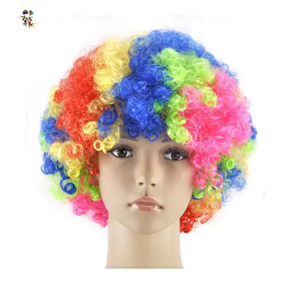 Traje de fiesta barato colores del arco iris corto afro rizado pelucas de payaso sintético