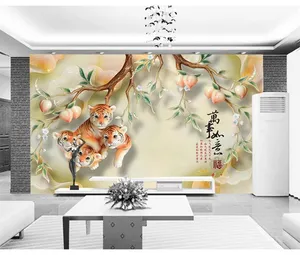 귀여운 호랑이 사진 사용자 정의 벽 벽화 옥 조각 복숭아와 호랑이 인테리어 벽지