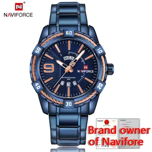 Naviforce 9117 relogio masculino Мужские кварцевые часы из нержавеющей стали, браслеты с подвесками роскошные часы изготовленным на заказ логосом цвета: золотистый, синий мужские часы