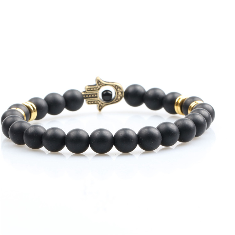 Hamsa Hand Of Fatima Bracelet - Natural Lava Stone Beads, Stretchable, Handmade