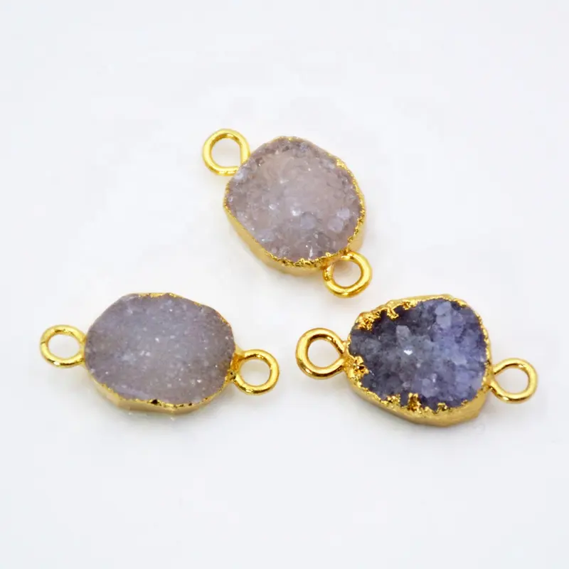 Gold Plated freeform Natural Color Agate Druzy Geode Connector Double Loops Sparkle Drusy Crystals Stone Bead Jewelry Charm