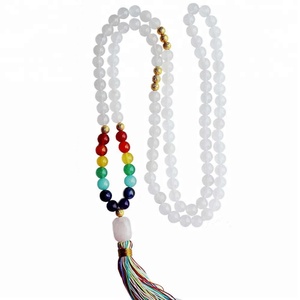 Venta al por mayor mano anudada ágata blanco 7 Chakra piedras preciosas Mala 108 cuentas borla collar Yoga budista - Product Image 3
