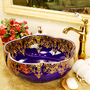 Lavabo de salle de bains en céramique, vasque d'art européen, vasque à poser sur support existant, bleu avec motif doré en forme de fleur, pour salle de bains - Product Image 1
